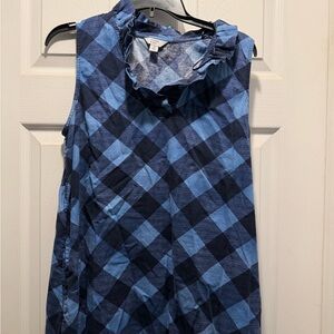 crown & ivy Blue Plaid Ruffle Neck Tank